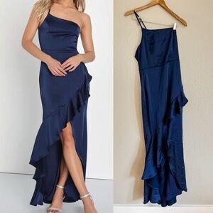 NWOT Perfect Memories Navy Blue Satin Ruffled One-Shoulder Maxi Dress